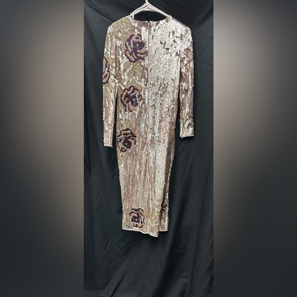 Mac Duggal 93624 NWT Sequin Asymmetrical Floral Long Sleeve Midi Dress - Picture 5 of 7